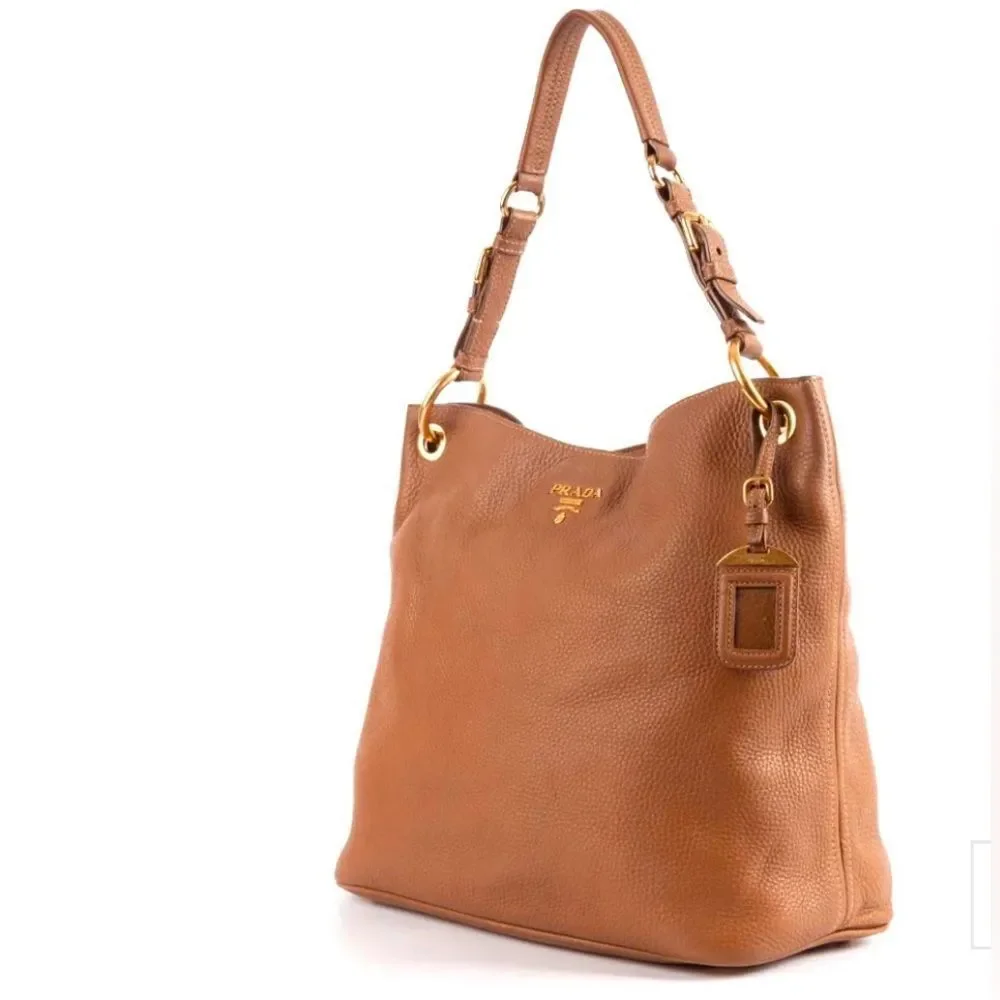 PRADA Tan Brown Vitello Daino Leather Hobo Bag